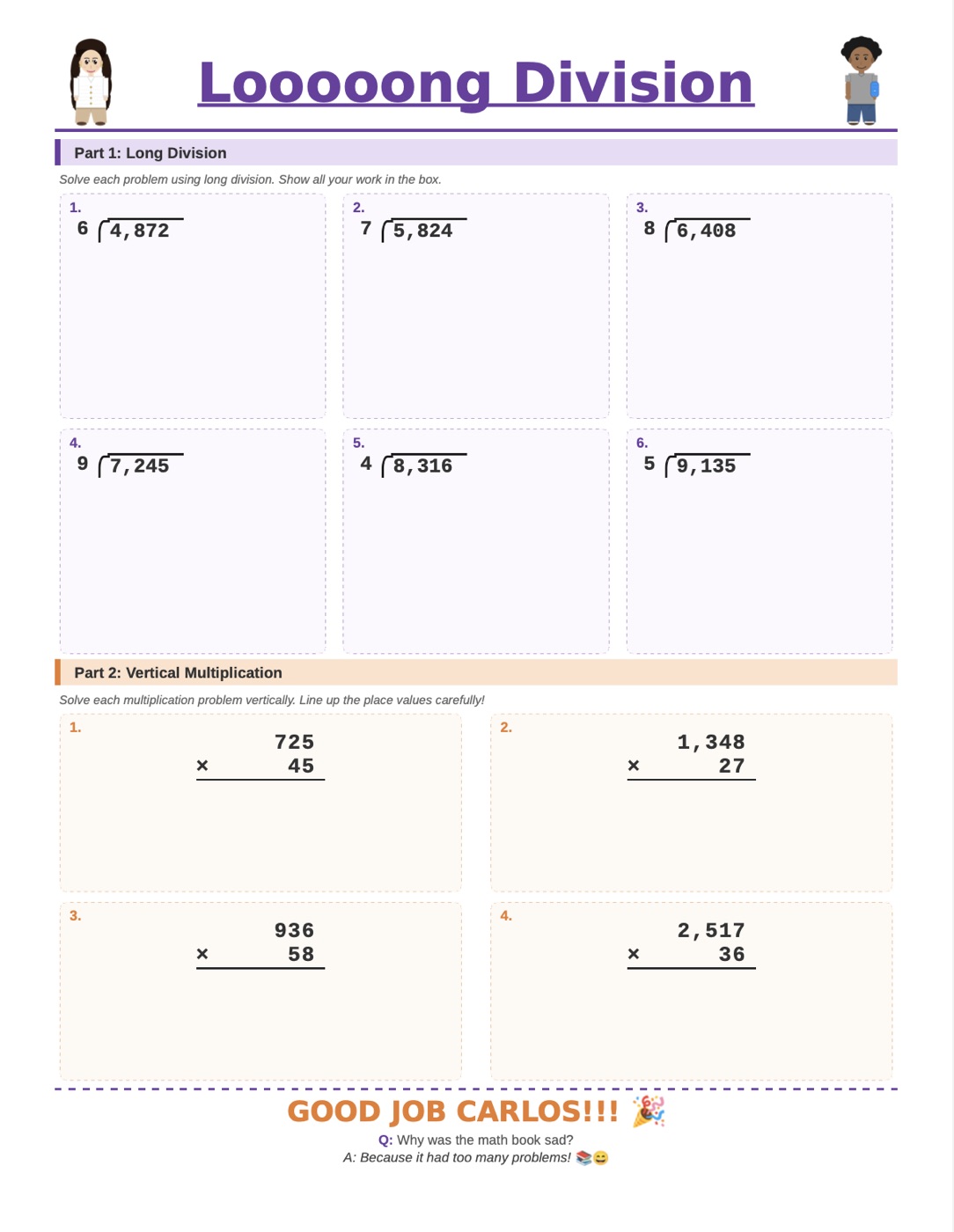 A student's long-division worksheet.