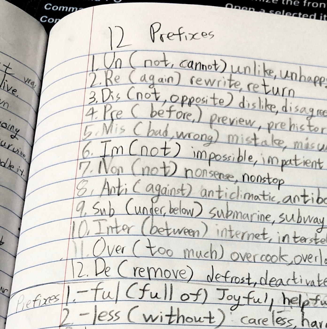 A student's prefixes practice page